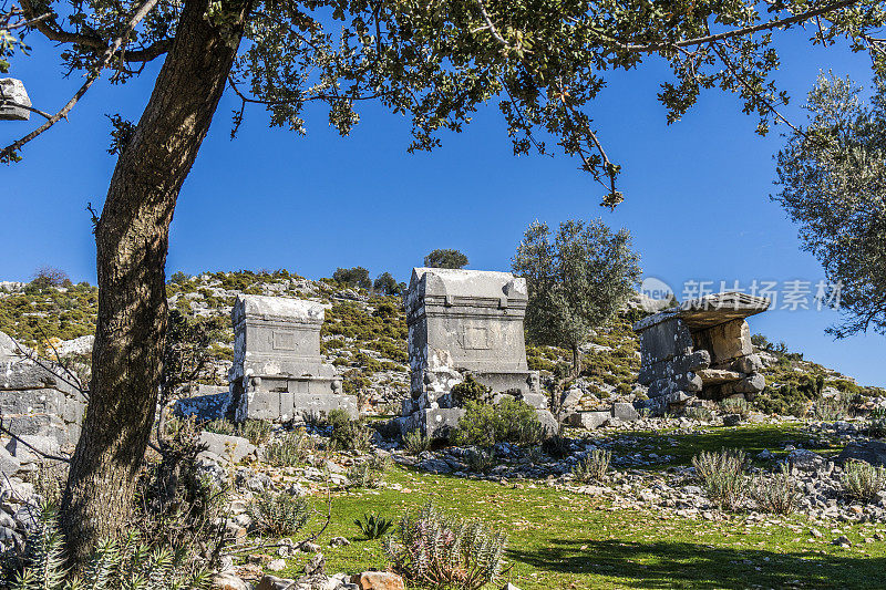 来自Dodurga村的Sidyma古城。Fethiye, Mugla，土耳其。